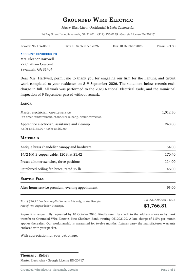Classic professional electrical invoice